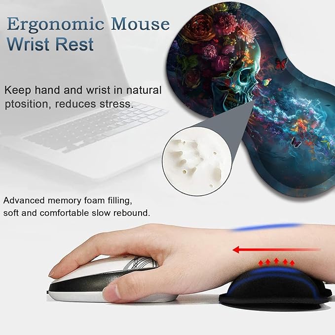 Large Gaming Mouse Pad + Wrist Rest + Lace Coaster Non-Slip Set with Sewn Edges and Waterproof Expandable Desktop Pad Suitable for Office/Home Butterfly and Skull Flowers