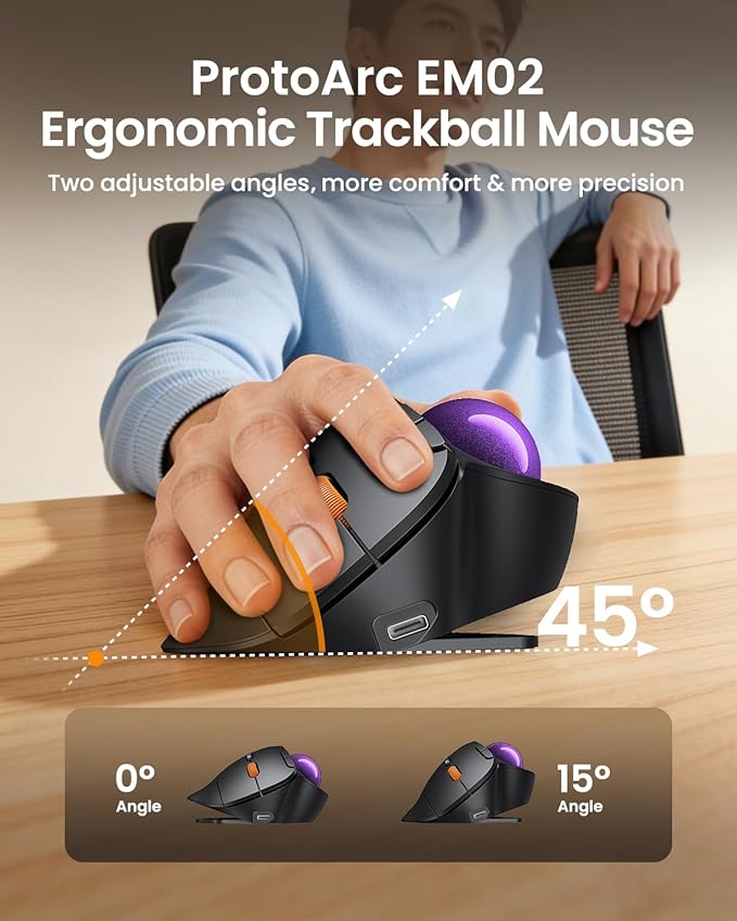 ProtoArc Wireless Bluetooth Trackball Mouse EM02 Two Adjustable Angle Ergonomic Rechargeable Computer Ball Mouse 3 Device Connection Thumb Control and Smooth Tracking for Laptop PC Mac-Purple