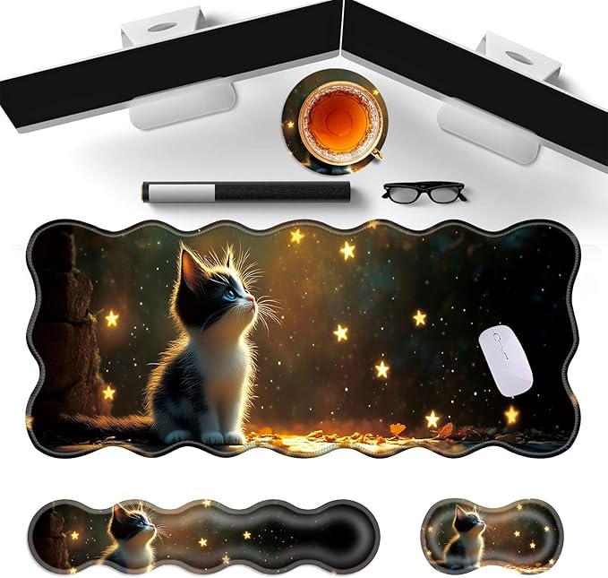 Large Gaming Mouse Pad Keyboard Wrist Rest Pad &amp Wrist Support Mousepad Set Stitched Edge Extended Non-Slip Base Memory Foam Desk Mat for Office HomeCute Kitten
