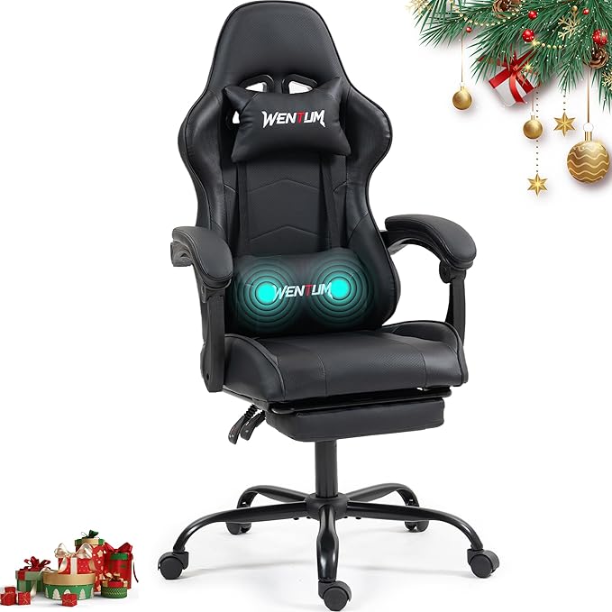 Gaming Chair with Footrest for Adults - PU Leather Massage Racing Video Game Chair w/Lumbar Support for Men Women Ernogomic Computer Game Chair for Home Office Height Adjustable Black