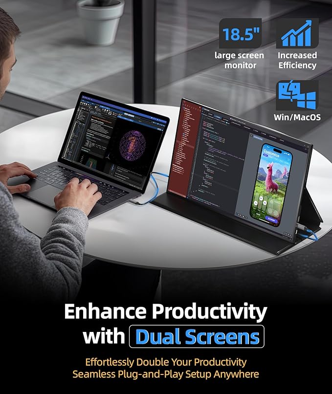 Ingnok Portable Monitor 18.5 Inch FHD 1080P 100% sRGB Laptop Screen Extender USB C HDMI Portable Gaming Monitor w/Smart Cover &amp Speakers External Monitor for Laptop Mac PC