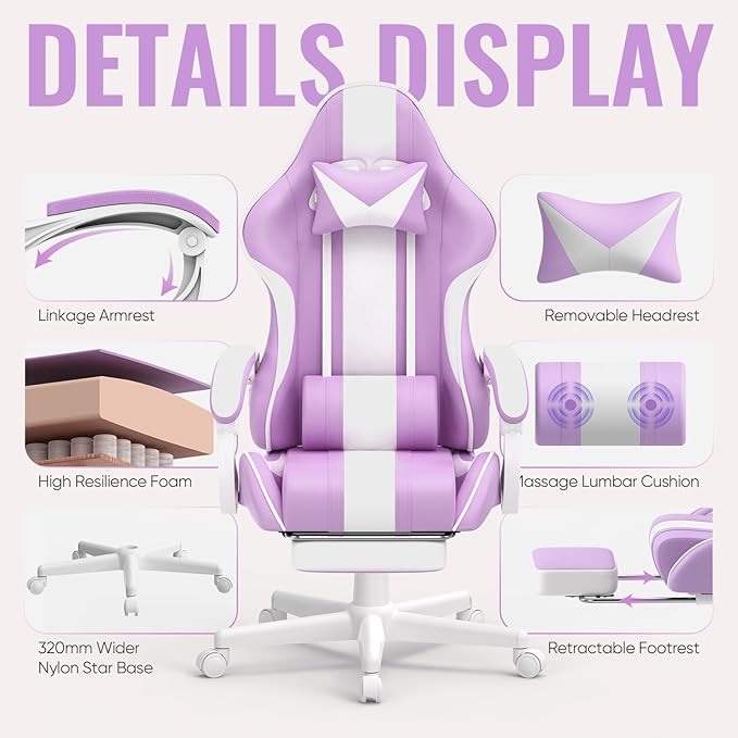 Ferghana Gaming Chairs Ergonomic Racing Style PC Game Computer Chair with Headrest Lumbar Support Adjustable Recliner PU Leather Video Computer Chair(Light Purple)