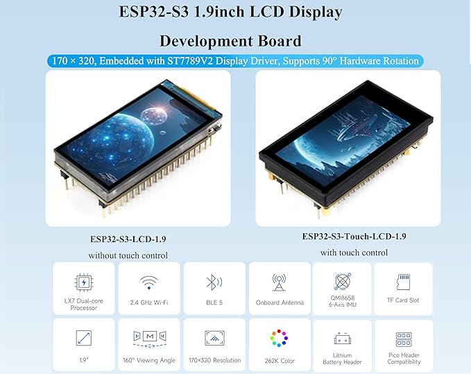 ESP32-S3 1.9inch Touch LCD Display Development Board 170x320 Pixels 262K Color 32-Bit LX7 Dual-Core Processor Supports 90° Hardware Rotation ESP32 with DisplayMultiple Peripheral Interfaces