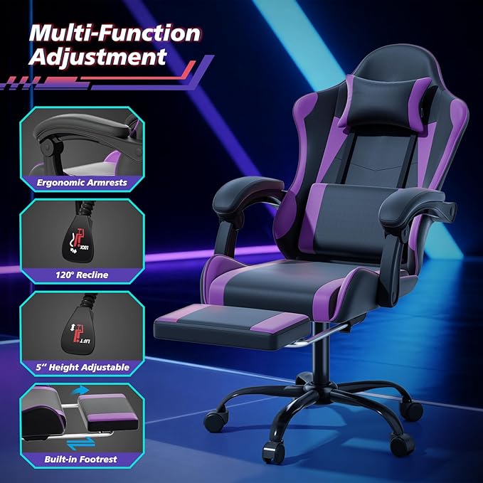 Magshion Gaming Chair for Adults Ergonomic Computer Chair with Linkage Armrests Height Adjustable Gamer Chair with Footrest and Headrest for Home Office 350 Lbs Capacity Purple