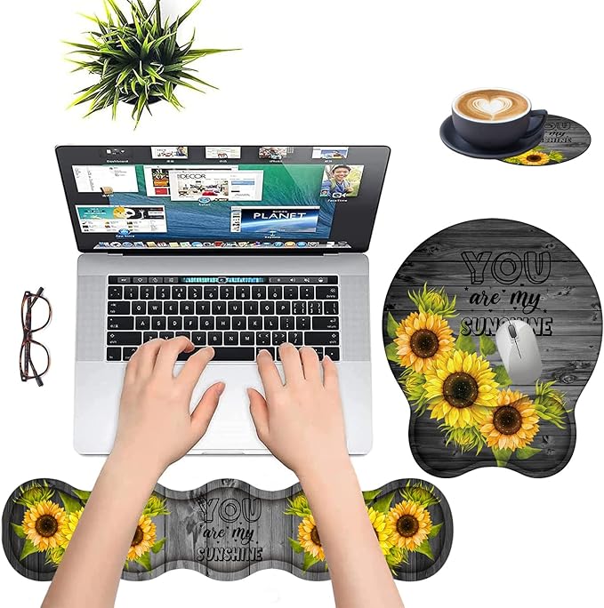 Keyboard Wrist Rest Support and Wrist Rest Mouse Pad with Non-Slip PU Base with Coaster Hook Gel Memory Mouse Pad Combo for Gaming Office Pain Relief - Wood Grain and You are My Sunshine