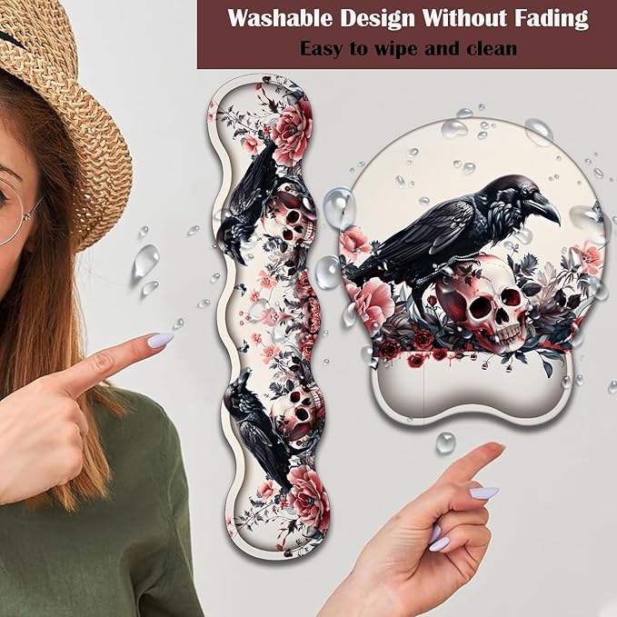 Keyboard Wrist Rest and Mouse Pad Wrist Support with Lace-Shaped Coaster Set Ergonomic Gel Memory Foam and Anti-Slip Base Easy Typing and Pain Relief - Rose Skeleton