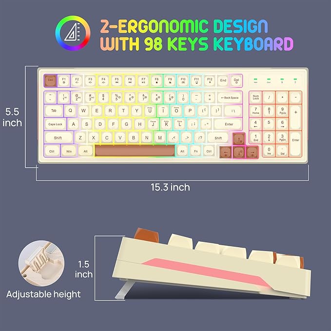 KOLMAX BK98 Wireless Gaming Keyboard Dual Mode 2.4G/Bluetooth Gaming KeyboardRGB Backlit Ergonomic 98 Keys PBT Mechanical Feeling Wireless Keyboard for Office Windows Mac PC Gamer(Retro Brown)
