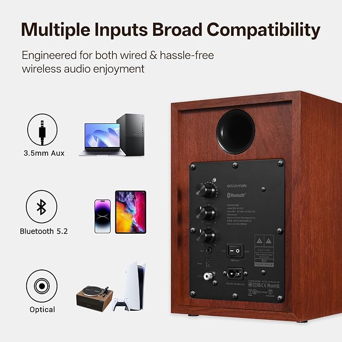 Sanyun SW205 80W Powered Bookshelf Speakers with 3D Soundstage | Precision DSP Spatial Audio &amp Geometric Cabinet | 4 Glass Fiber Woofer Optical/Bluetooth 5.4/AUX Wireless Remote (Pair Cherry)