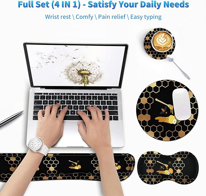 Keyboard Wrist Rest Pad Mouse Pad and Mouse Wrist Support Plus Cup Coaster for Gaming and Office Comfortable for Easy Typing and Pain Relief Honeycomb Bee