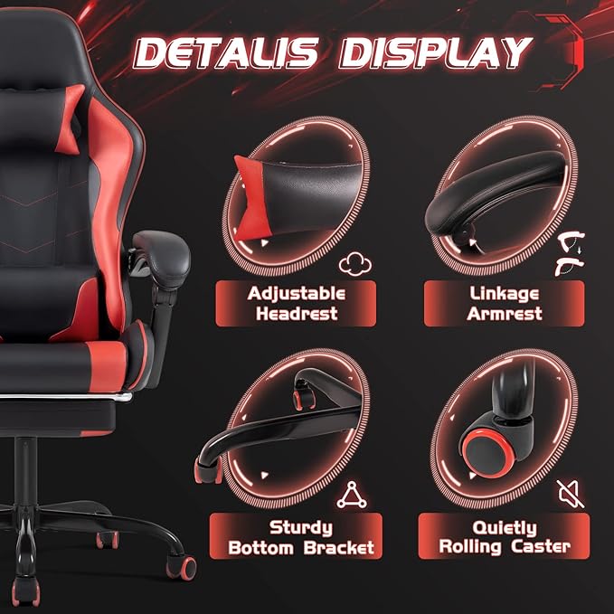 Shahoo Gaming Chair Video Gaming Chair with Footrest and Lumbar Support Ergonomic Computer Chairs with 360° Swivel and Height Adjustable Spin Chair with Headrest for Home Office Study Room (Red)
