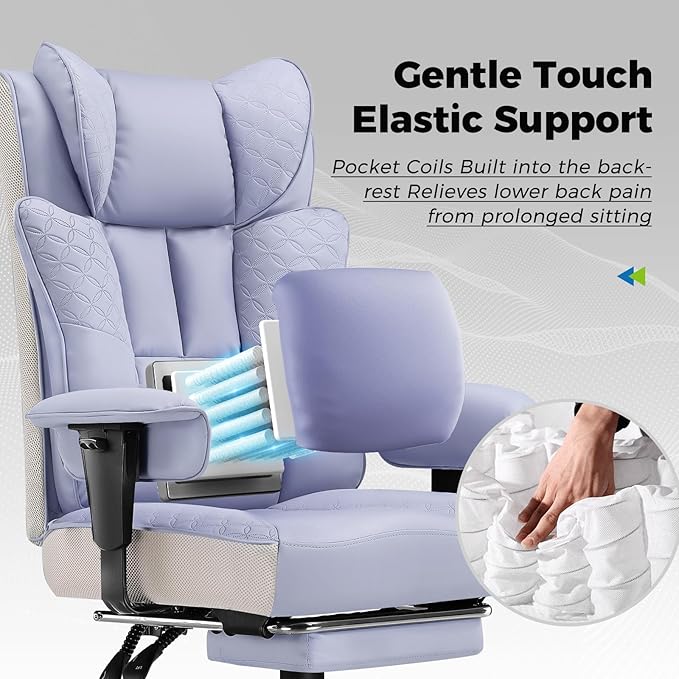 GTPLAYER Big and Tall Office Chair 400LBS Wide Ergonomic Gaming Chair with Deluxe Embossing Designed Leather with Foot Rest150°Reclining Adjustable Soft Armrests Pocket Spring Back Support and Pillow