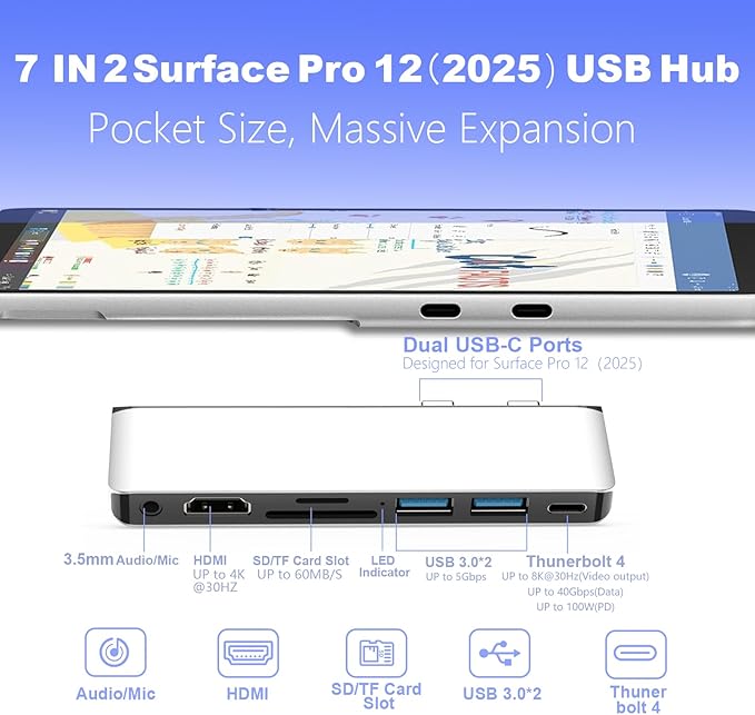 Surface Pro 12 Accessories Docking Station USB Hub and Adapter with 4K HDMI USB-C Thunderbolt 4 (Display+Data+100W PD) 2 USB 3.0 3.5mm Audio SD/TF Card Slot for Surface Pro 12 inch 2025
