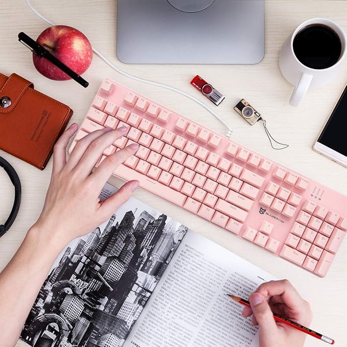 Full Size Wired Mechanical Gaming Pink Keyboard | Blue Switch 104 Keys US Layout Full Size Pink PC Gaming Keyboards | Hot Swappable LED Backlit Light Up Wired Mechanical Computer Keyboards