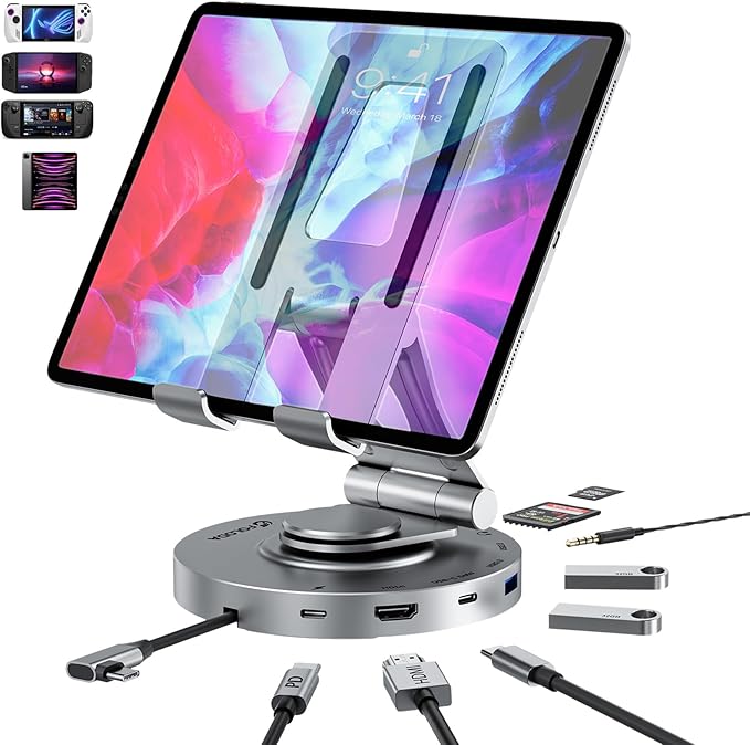 USB C Hub for Ipad Pro Docking Station FOLODA 8-in-1 Rotatable Folding Type-C Tablet Stand with 4k HDMI USB C 3.0 Data Port 2*USB A 3.0 100W PD Charging 3.5mm Aux for Ipad Pro/Phone 15/Galaxy Tab