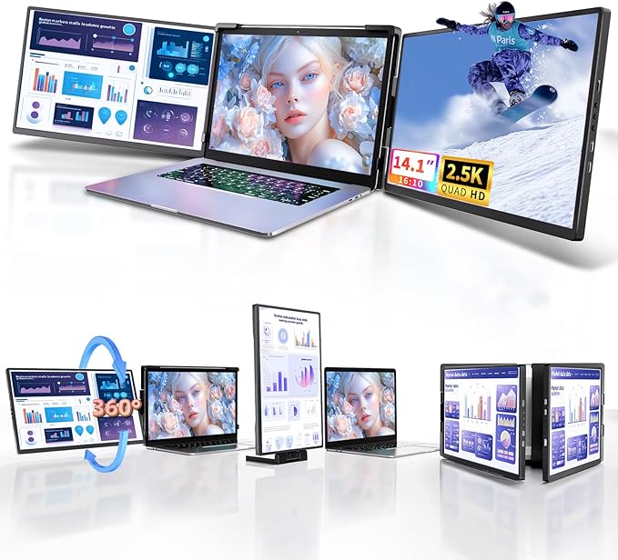 Laptop Screen Extender Monitor Portable - 2.5K Triple Laptop Screen Extender Plug and Play Multiple Screens Extended Fits 13-17.3 Inch Laptops Compatible with Windows Chrome Dex
