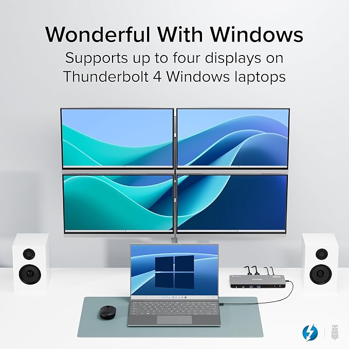 Plugable Thunderbolt 4 Dock for Quad Monitors 100W Thunderbolt Docking Station Connects up to Four 4K Monitors for Windows and Mac Laptops 2x HDMI 4x Thunderbolt 4/USB C Driver Required TBT-6950PD