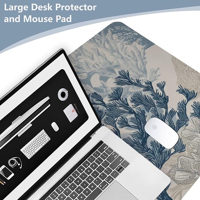 Mouse Pad Desk Mat Leather Desk Pad Large Gaming Desk Cover Protector Mat for Keyboard Computer Laptop Office Waterproof 47.2 x 23.6 Inch Beige and Blue Ocean Turtles Corals