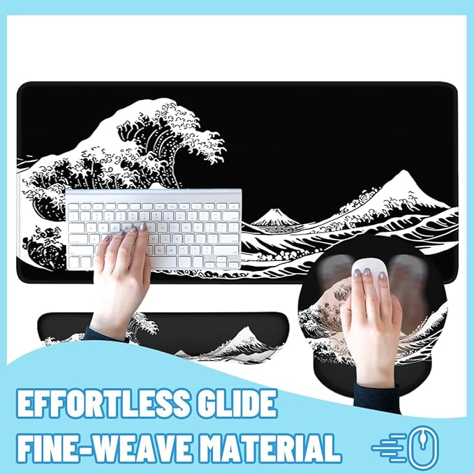 Wave Mouse Pad Set Japanese Black White Mount Fuji Kanagawa Gaming Mousepad 4in1 Desk Mat for Desktop Anti-Slip XXL Big Computer Ergonomic Mousepad with Wrist Support for Keyboard and Mouse