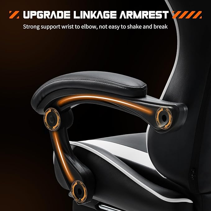 Sweetcrispy Video Game Desk Chair - Ergonomic Computer with Footrest and Comfy Lumbar Support PU Leather Recliner with Headrest Dynamic Armrest Height Adjustable with 360° Swivel White Adults