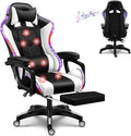 Computer Gaming Chair with LED Lights and Speakers PU Leather Office Chair with Lumbar Pillow Support and Footrest Massage Gamer Chair High Back Video Game Chair for Adult TeensWhite