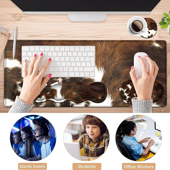 Gaming Mouse Pad XXL Large Desk Cute Mat Brown Cowhide Extended Mousepad Ergonomic Memory Foam Keyboard Wrist Rest Stitched Edges Desk Pad(31.5x11.8 in) Extended Large Mousepads