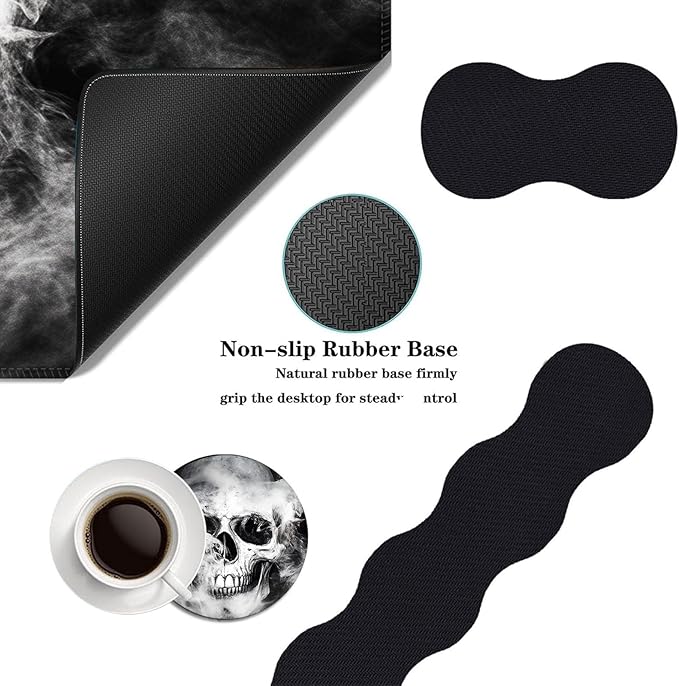 Mouse PadLarge Desk Mat Set 4in1 XL Mousepad + Keyboard Wrist Rest+Mouse Wrist Rest+Coaster with Ergonomic Desk Pad for Home Office Table Computer Cover -Smoky Skull Art
