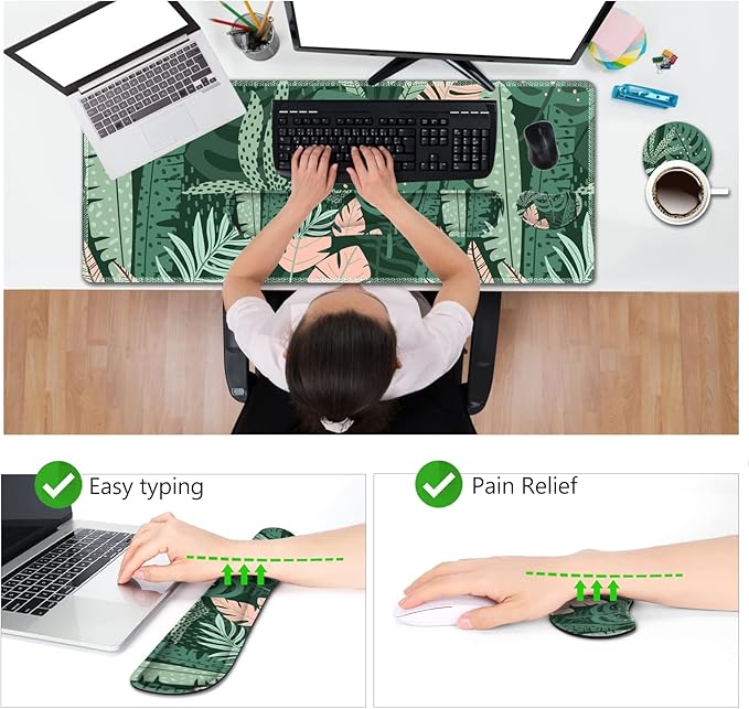 AIMSA Large Gaming Mouse Pad Set Keyboard Wrist Rest Support Mouse Pad Ergonomic Memory Foam Multifunctional Extended Desk Mat 35x15.7in Anti-Slip Rubber Base for Office Home Pink Green Leaves
