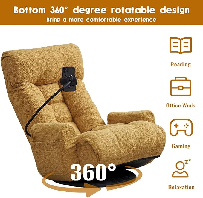 Gaming Lounge Chair Swivel Floor Gaming Chair Adjustable Head and Waist with Armrests &amp Side Pocket &amp Phone Holder Floor Rocker Gaming Chairs for E-Sports Reading Relaxing Watching TV (Y