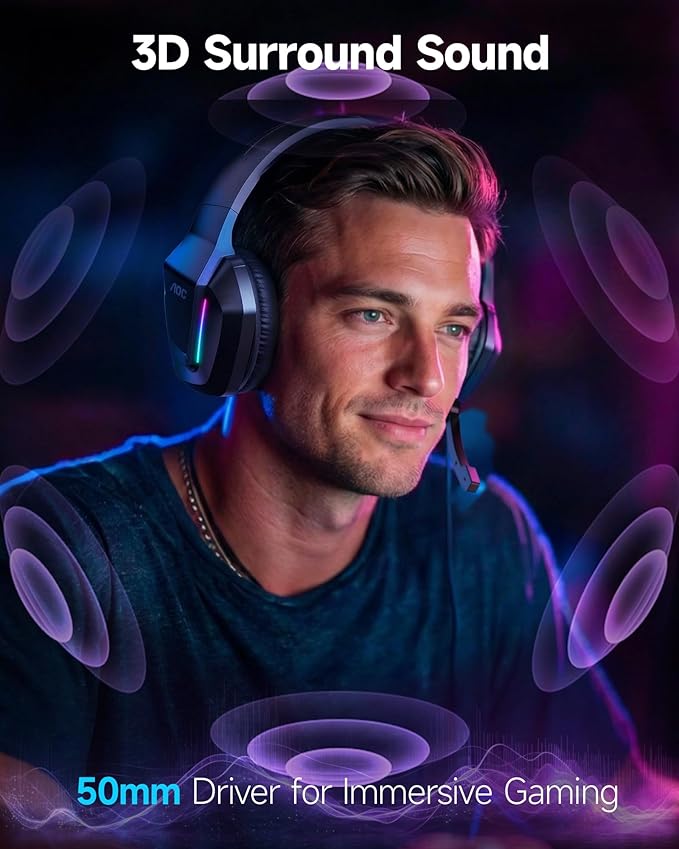AOC Gaming Headset for PS5 PS4 PC Mac Switch Xbox Series Surround Sound RGB Gaming Headphones with Noise Canceling Microphone 50MM Dynamic Drivers 3.5MM Audio Jack Black