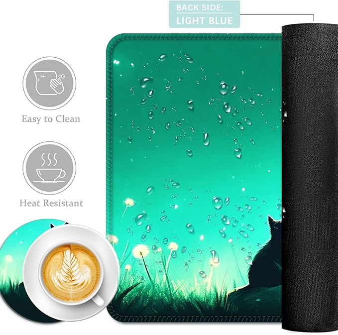 Keyboard Mouse Pad Set Extended Gaming Mouse Pad+Ergonomics Keyboard Wrist Rest Support Memory Foam Easy Typing Pain Relief 4Pcs XL Ultra Thick Desk MatCat in Dandelion Field