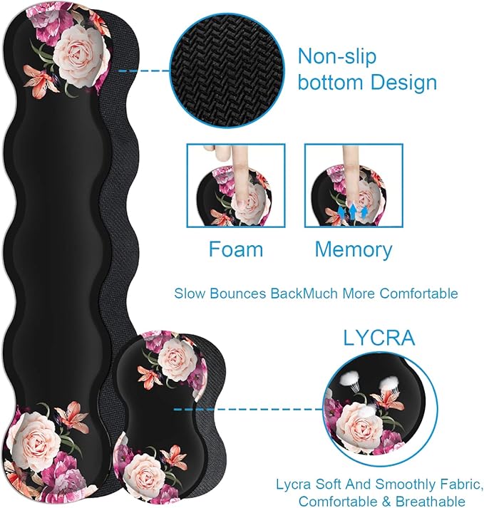 Black Mouse PadKeyboard Mouse Pad SetExtended Gaming Mouse Pad + Memory Foam Keyboard Wrist Rest SupportPeony Flower Office Desk Mat Writing Pad Easy Typing Pain ReliefXXL Large Mousepad Desk Mat