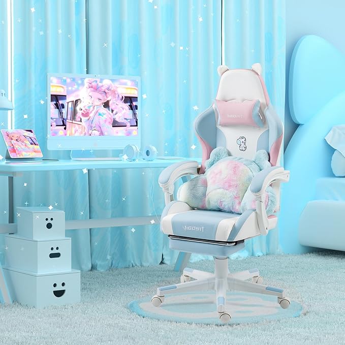 Gaming Chair Cute with Cat Ears Paw Lumbar and CushionErgonomic Computer Chair with FootrestReclining PC Game Chair for Girl Computer Chair 300lbs for Adult (Blue&ampPink)
