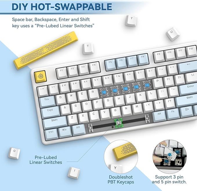 MAGIC-REFINER AK873 Gaming KeyboardRainbow Led BacklitHot-Swappable Blue SwitchPBT Keycap75% TKL LayoutErgonomic Mechanical Keyboard with Custom Coiled USB/Type-C Aviation Cable(Blue White)