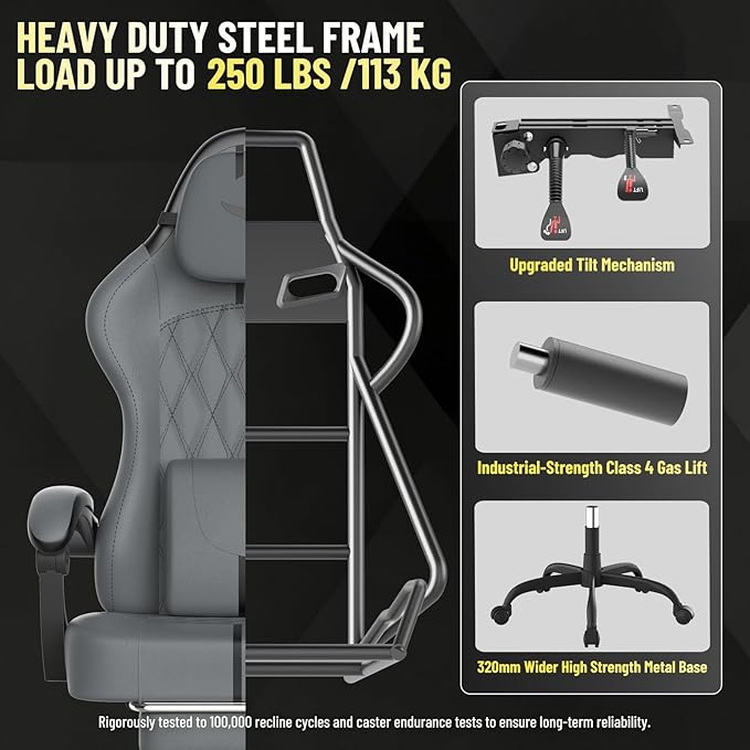 Ferghana PU Leather Gaming Chair with Wider Seat Cushion Diamond Double-Stitching Ergonomic High Back Game Chair with Footrest Computer Chair with Massage Lumbar Support for Adult Gray/Black