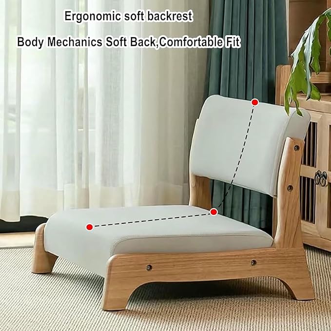 ELEFOCUS Japanese Floor Chair with Back SupportLow-Back Meditation Floor Seat with Soft CushionPortable Timber Armless Tatami Chair(Green Cotton B)