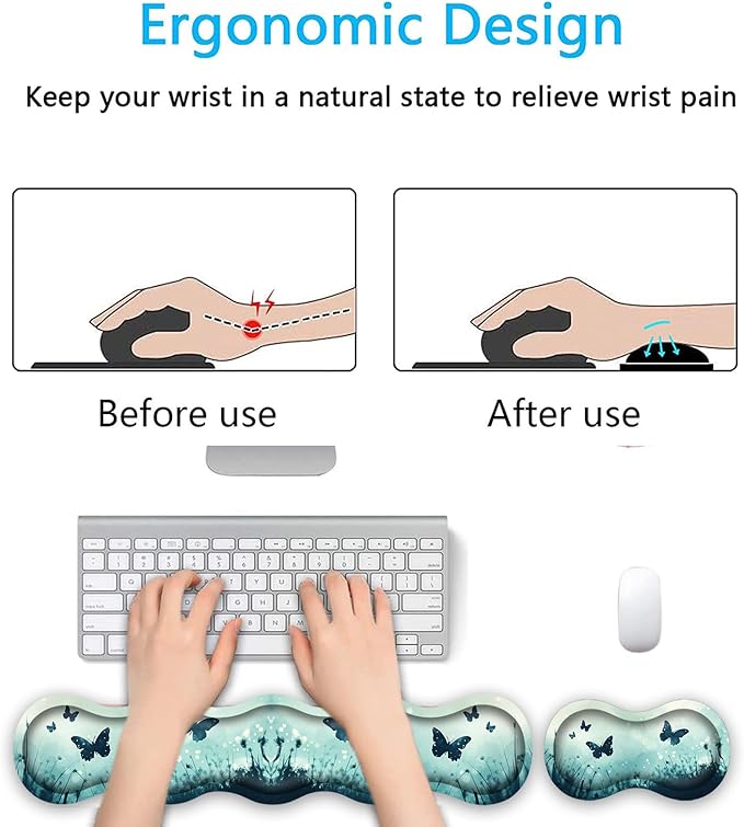 Keyboard Wrist Rest SetMemory Foam Wrist Support Mouse Pad31.5x11.8 Desk Mat for Comfortable Typing &amp Pain ReliefNon-Slip Base for Office &amp Home Use - Butterfly