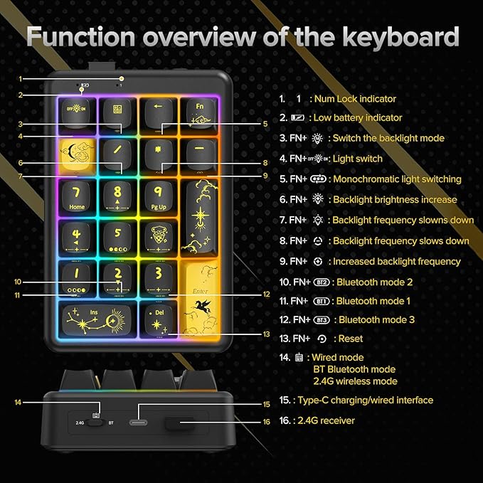 NumberPad21Keys HotSwappable NumpadBluetooth5.0/2.4G/Type-C Wireless Numeric KeypadRechargeable Number keypadRGB Gasket Structure Mechanical Keyboard with PBT Keycap for PC Laptop Notebook (Black)