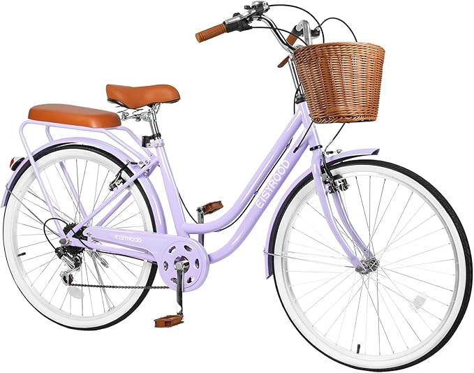 26 Women's Cruiser Bike 7-Speed City Bike Duable Bar Featuring Convenient Basket &amp Rack Perfect Adult Bicycle for Commuting Leisure and Stylish Comfortable Rides Purple