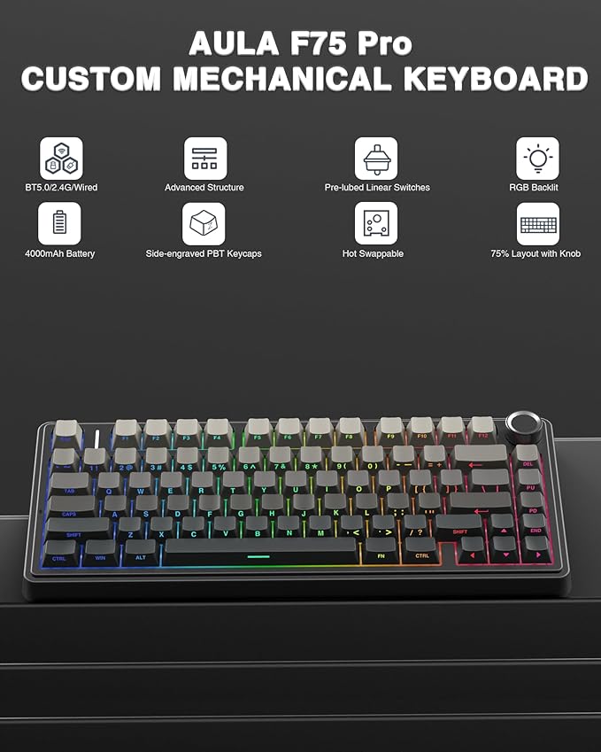 AULA F75 Pro Wireless Mechanical Keyboard75% Hot Swappable Custom Keyboard with KnobRGB BacklitPre-lubed Reaper SwitchesSide Printed PBT Keycaps2.4GHz/USB-C/BT5.0 Mechanical Gaming Keyboards