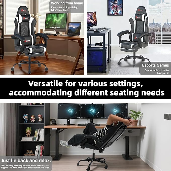 Ergonomic Gaming Chair with Footrest and Lumbar Massage Racing Office Chair High Back Computer Desk Chair with Headrest Pillow for Adults Video Game Chair for PC Gamer (1001-White)