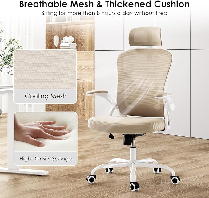 Ergonomic Mesh Office Chair with Flip-Up Armrests &amp Lumbar Support - Adjustable Swivel Desk Chair for Home Office and Gaming 350 lbs Capacity (Khaki Model E)
