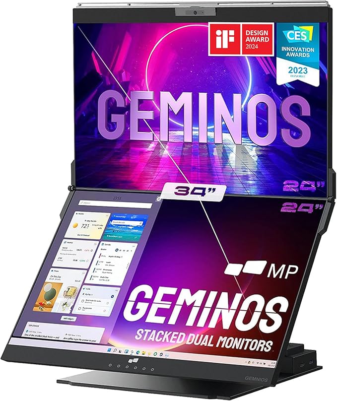 Mobile Pixels Geminos (2 x 24 inch) IPS Dual Stacked Computer Monitors with 65W USB-C Charging 1080P Webcam&ampSpeakers All-Inclusive Workstation PC Monitor USB-A/USB-C/HDMI Ergo Design(2 Monitor