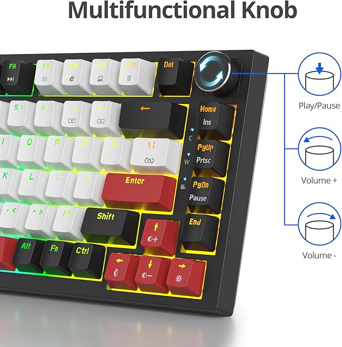 Guffercty kred 75% Percent Mechanical Keyboard with Knob Gasket Mouted Wired TKL Gaming Keyboard 75 Percent Hot Swappable Programmable for Windows Laptop PC Gamer（82 White）