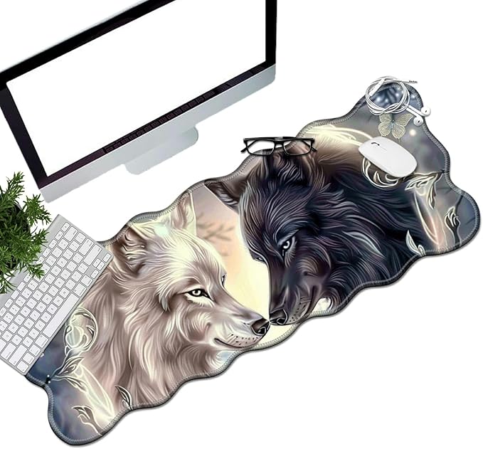 White and Black Wolf Love Rose Desk Mat Mouse Pad 31.5 x11.8 XL Extended Mousepad Huge Mouse Pads with Stitched Edges Desk Pad for Work Game Office Home