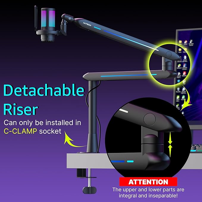 IXTECH RGB Low Profile Boom Arm for Mic Adjustable Microphone Arm Stand with Desk Mount Clamp Rotatable Microphone Boom Arm Mic Stand with Cable Management for Podcast Streaming Gaming Studio.