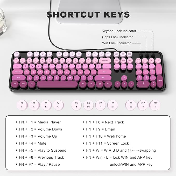 Computer Keyboard Wired Plug and Play USB Retro Round Typewriter Keyboard Full Size Wired Keyboard with Foldable Stands for Laptop and Office PC- Black Pink Gradient