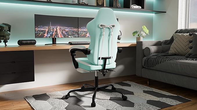 Luxury Green Gaming Chair - Ergonomic Leather with Footrest &amp Massage Lumbar Support Perfect for Gamers &amp Office Work Height Adjustable up to 300lb!