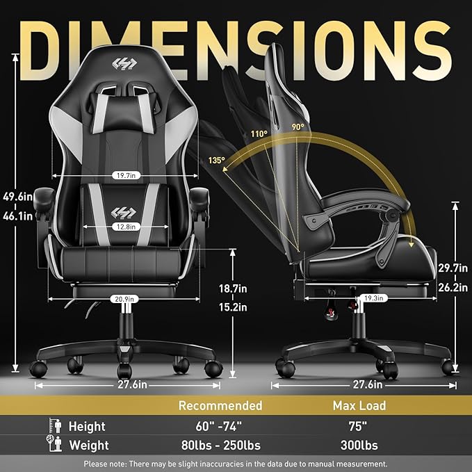 HLDIRECT Gaming Chair Ergonomic Computer Office Chair with Lumbar Support Footrest Headrest PU Leather 360° Swivel Adjustable Height Metal Frame 200 lbs Capacity (Black&ampWhite)
