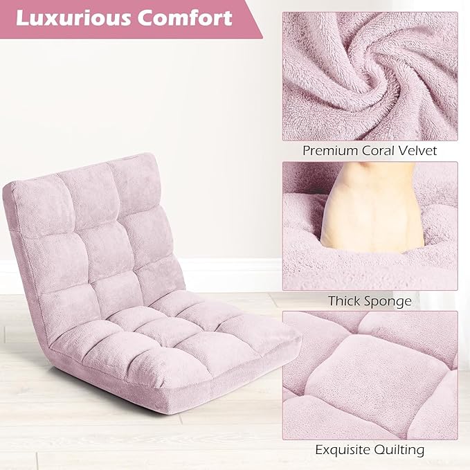 KOMFOTT 14-Position Adjustable Floor Chair with Back Support - Folding Padded Gaming Sofa Chair for Reading Meditation Living Room Lazy Lounge Video Gaming - Light Pink
