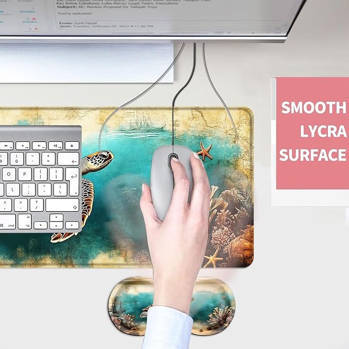 Mouse PadLarge Desk Mat Set 4in1 XL Mousepad + Keyboard Wrist Rest+Mouse Wrist Rest+Coaster with Ergonomic Desk Pad for Home Office Table Computer Cover -Sea Turtle with Coral and Ship